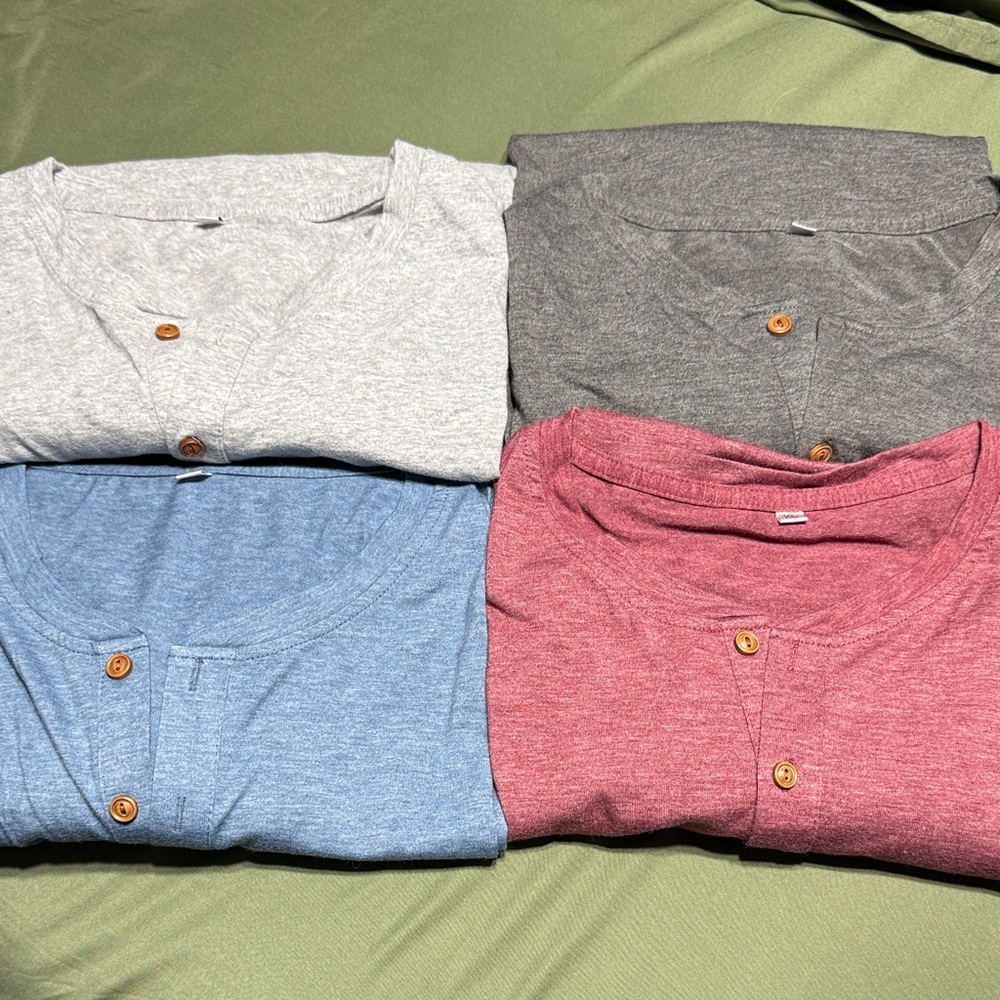 Amazon brand Men's Henley TeeShirts. Bundle of 4-Gray, Dark Gray, Blue, Red